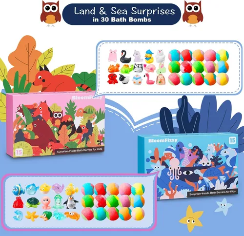 Miniatura 7 de 30 bombas de baño para niños con sorpresa en el interior, juego de regalo con 30 juguetes únicos de animales terrestres y marinos, bombas de baño