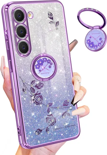 Miniatura 15 de Funda para Samsung Galaxy S22 Ultra con purpurina brillante para mujeres y niñas, cubierta de teléfono morada, diseño floral con anillo de flores