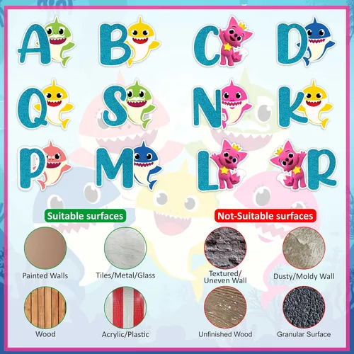 Miniatura 6 de BBY Shrk A-Z - Adhesivo decorativo para pared, diseño colorido de caricaturas con letras con iconos del océano, suministros educativos divertidos