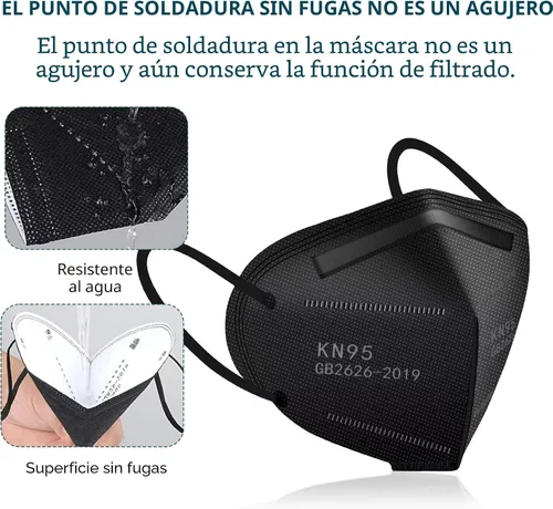 Miniatura 5 de 50 unidades, Máscaras faciales KN95, color negro, 5 capas, cubrebocas de seguridad para el polvo, eficiencia de filtro ≥95%, con bucles elásticos