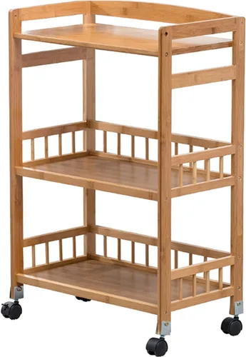 Miniatura 3 de Carrito de almacenamiento de bambú de 3 niveles, carrito utilitario de cocina con ruedas con estante de almacenamiento, carrito rodante con estantes