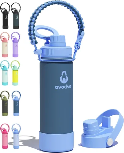 Miniatura 26 de Botella de agua aislada de 18 onzas con 2 tapas (tapa de popote y boquilla 2 en 1, tapa magnética), botella de agua delgada con correa, botella