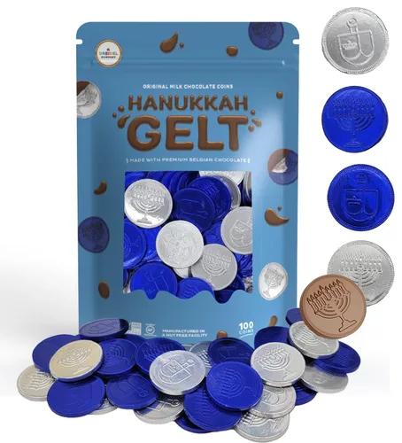Miniatura 4 de The Dreidel Company Monedas de chocolate con leche, Gelt de Hanukkah, monedas azules y plateadas, hechas con chocolate belga de primera calidad, sin