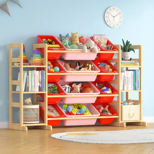 Miniatura 9 de Organizador grande de almacenamiento de juguetes para niños, organizador de juguetes y estantería combinada con 12 contenedores y 6 estantes, caja