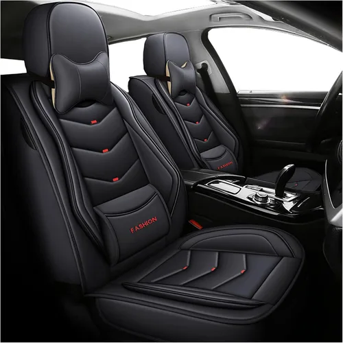 Miniatura 8 de Fundas de asiento de automóvil de cuero, juego completo de fundas de asiento de cobertura completa con soporte lumbar fijo, fundas de asiento