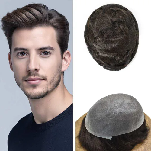Miniatura 94 de Tupé para hombre, extensiones de cabello humano Remy para hombre, piel fina, 0.002 in, sistema de reemplazo de cabello con bucle en V para hombres