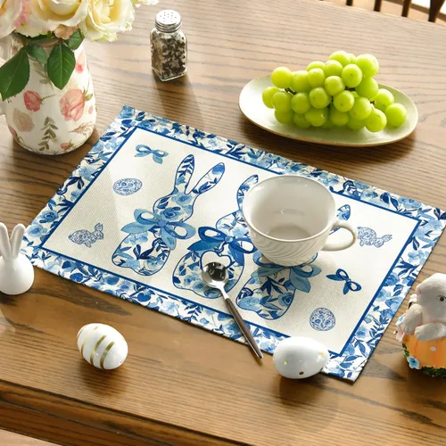 Miniatura 3 de Artoid Mode Juego de 4 manteles individuales de porcelana con diseño de conejo, Pascua, 12 x 18 pulgadas, para decoración de exteriores, hogar