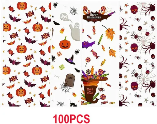Miniatura 2 de Ai-Fun Paquete de 100 bolsas de celofán de plástico para dulces, paquete de regalo, bolsa de regalo con lazos giratorios para Halloween, Navidad