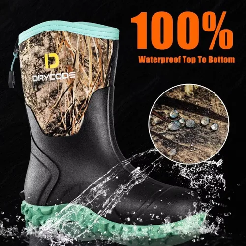 Miniatura 2 de D DRYCODE Rubber Boots for Women, 5mm Neoprene Mid Calf Rain Boots with Steel Shank, Waterproof Insulated Hunting Boots, Mud Work Boots, Black