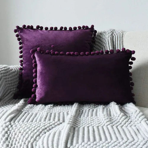 Miniatura 17 de vctops Funda de cojín lumbar con pompones, de terciopelo suave, sólida, decorativa, para sofá, dormitorio o automóvil, 1 pieza