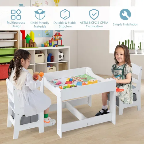 Miniatura 5 de KOTEK Juego de mesa y 2 sillas de madera para niños con pizarra y cajones de almacenamiento, mesa de actividades múltiples para niños para aprender