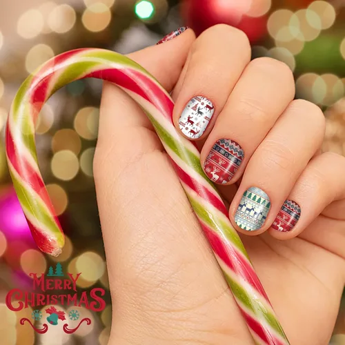 Miniatura 4 de 12 hojas de calcomanías de Navidad para uñas, tiras de esmalte de uñas, autoadhesivas, diseño de Papá Noel, árbol de Navidad, copo de nieve con 2