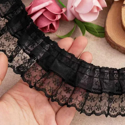 Cinta de encaje, cinta de volantes, cinta de encaje negro de 6 yardas, adornos de cordones negros de 1.8 pulgadas de ancho, cintas delicadas con