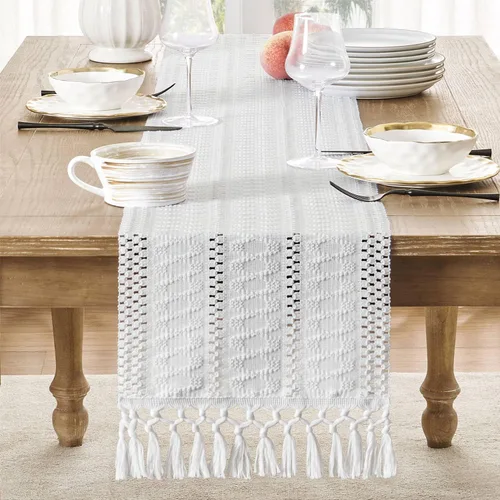 Miniatura 2 de ZeeMart Camino de mesa bohemio estilo macramé, caminos de mesa blancos de 108 pulgadas de largo, decoración del hogar tejido de granja, 12 x 108