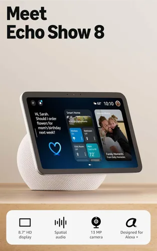 Amazon Echo Show 8 (modelo más reciente): pantalla HD de 8.7" con colores intensos, audio espacial y acceso anticipado a Alexa+ (blanco)