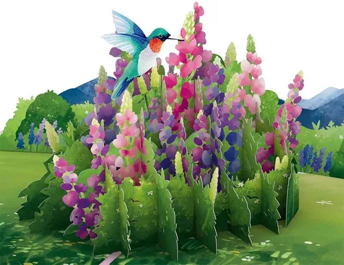 Miniatura 2 de Lovepop Lupine - Tarjeta emergente de colibrí – Tarjetas de felicitación emergentes de colibrí – Tarjeta de cumpleaños 3D – 5 x 7 pulgadas – Sobre