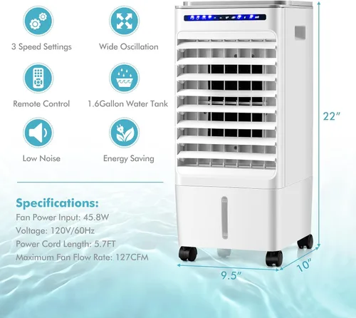 Miniatura 8 de COSTWAY Enfriador de aire evaporativo portátil, enfriador de pantano 3 en 1 con control remoto, temporizador de 7 horas, 3 velocidades de viento, 3