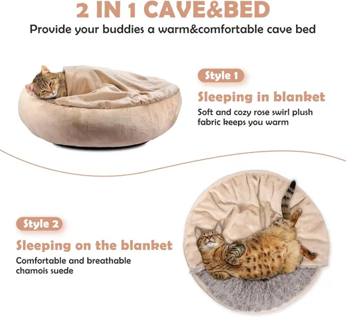 Miniatura 4 de JOEJOY Cama pequeña para perros y gatos con manta con capucha, acogedora y lujosa cama para cachorros en forma de dona redonda que alivia