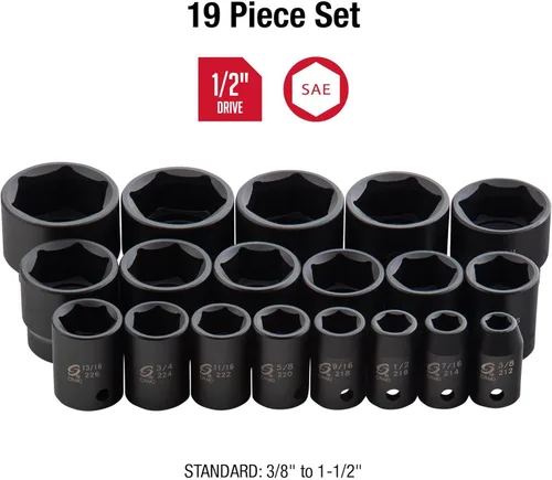 Miniatura 9 de SUNEX TOOLS 2640, juego de dados de impacto de 1/2 pulgada, 19 piezas, SAE, 3/8 pulgadas - 1-1/2 pulgadas, acero de aleación Cr-Mo, diseño