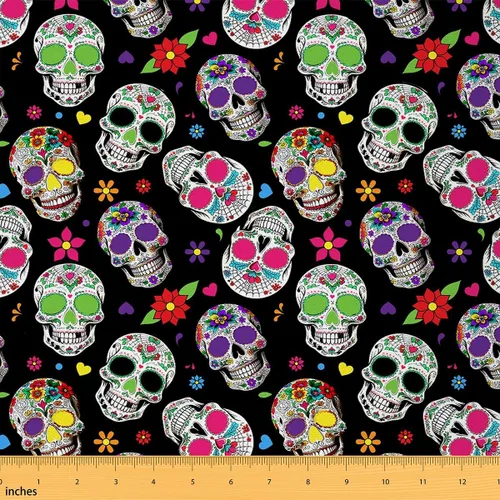 Miniatura 10 de The Yard - Tela de esqueleto de flores en acuarela para sillas, exótica, tribal, floral, estampado de calavera, tela de tapicería para artes, plumas