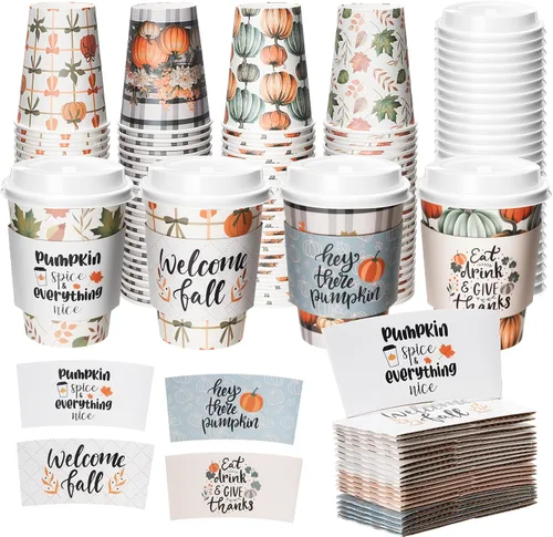 Miniatura 10 de Lallisa Paquete de 100 tazas de café de papel de Acción de Gracias de 12 onzas con tapas y mangas, tazas de café desechables para otoño, Acción