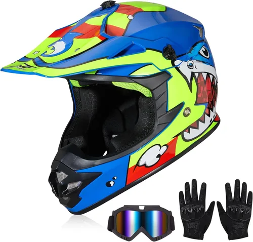 Miniatura 7 de cascos para niños y jóvenes de bicicleta todoterreno, motocross, ATV, BMX, MX, bicicleta todoterreno, casco de motocicleta J-01 con gafas y guantes