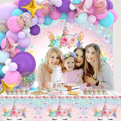 Miniatura 7 de Decoraciones de cumpleaños de unicornio para niñas, 118 piezas, suministros de fiesta temática de unicornio con kit de arco de guirnalda de globos