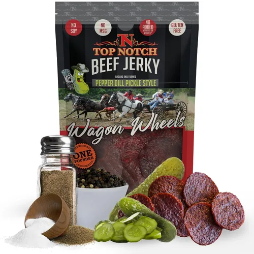 Miniatura 18 de Top Notch Wagon Wheels Jerky – Snacks altos en proteínas para niños y adultos hechos de carne de res criada localmente – Rondas sabrosas de carne