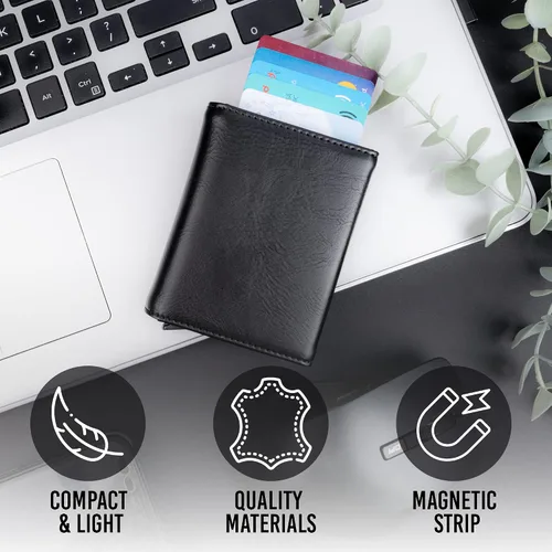 Miniatura 2 de Cartera para tarjetas de crédito, bolsillo frontal con bloqueo RFID, tarjetero con ranura para tarjetas emergentes, ventana de identificación