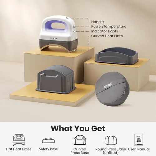 Miniatura 8 de EENOUR Máquina de prensa para gorras, mini prensa de calor para gorras con 3 niveles de calentamiento y apagado automático, prensa manual fácil