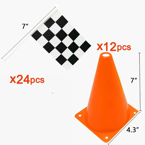 Miniatura 2 de Paquete de 6 conos de carreras naranjas de 7 pulgadas con agujeros en la parte superior, paquete de 12 banderas a cuadros, decoraciones de fiesta