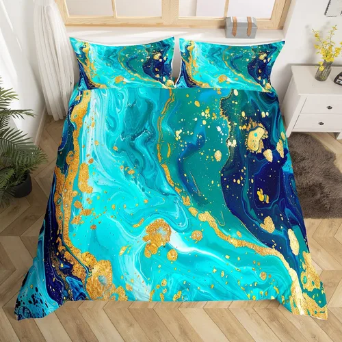Miniatura 17 de Erosebridal Juego de ropa de cama de mármol líquido azul aguamarina, funda de edredón con estampado de mármol con patrón de mármol abstracto, juego