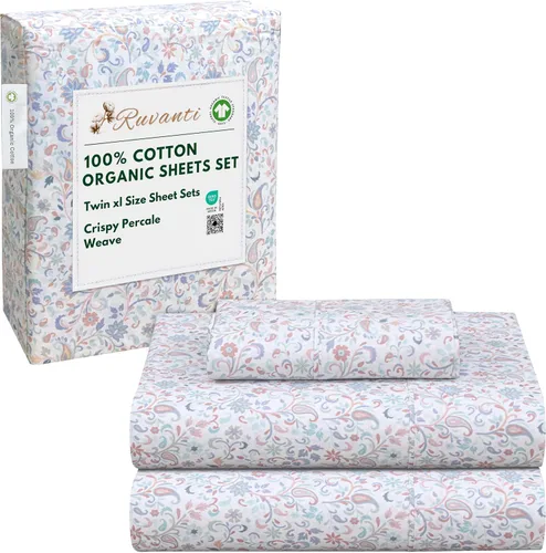 Miniatura 39 de RUVANTI Juego de sábanas de algodón orgánico 100% tamaño completo, tejido de percal, certificado GOTS, juego de 4 piezas, bolsillo profundo de 15