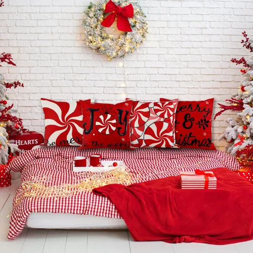 Miniatura 5 de Vellibring - Juego de 4 fundas de almohada de Navidad con diseño de caramelos, 45 x 45 cm, rojo y blanco, fundas de almohada para sofá, decoración