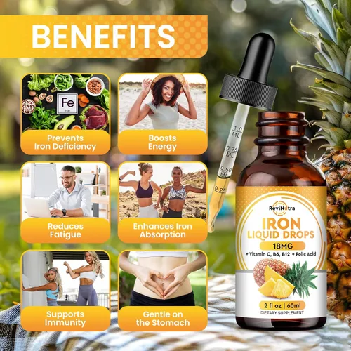 Miniatura 3 de Suplemento de hierro líquido para mujeres, hombres y niños, gotas de hierro líquido con ácido fólico, vitamina C, B6, B12 para anemia, células