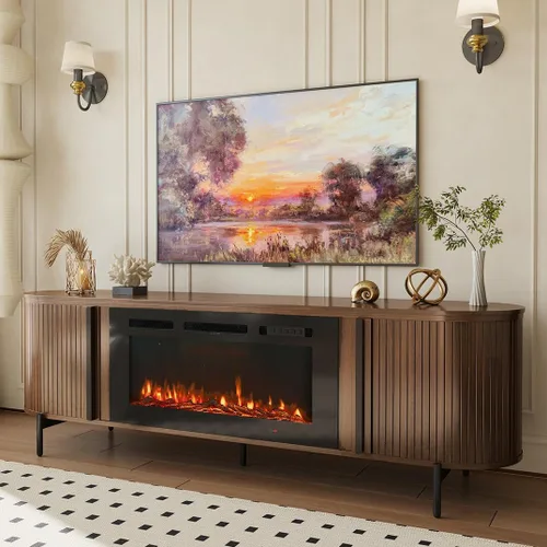 Soporte de TV de lujo de 70 pulgadas con chimenea, moderno soporte de TV de mediados de siglo, centro de entretenimiento para televisores de hasta