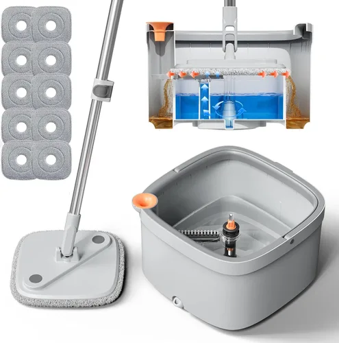 Miniatura 11 de Juego de trapeador giratorio y cubo con sistema de agua limpia y sucia de separación automática, cabezal de trapeador cuadrado giratorio de 360°