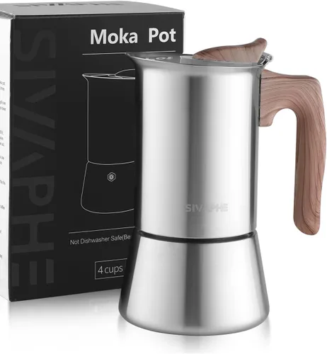 Sivaphe Cafetera de 4 tazas de Acero Inoxidable para Estufa | Soporte de Inducción Olla Moka Italiana de 10 oz | Cafetera Cubana Duradera 200ml (1