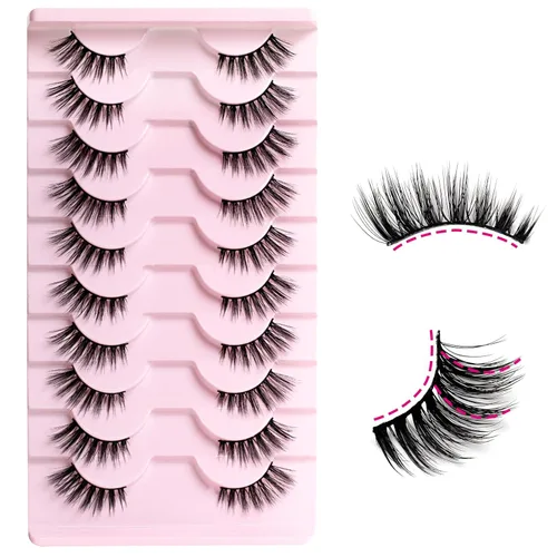 Miniatura 13 de Ahrikiss Mitad pestañas de aspecto natural, 10 pares de pestañas postizas 3D esponjosas con banda transparente, medias pestañas cortas suaves (TB10)