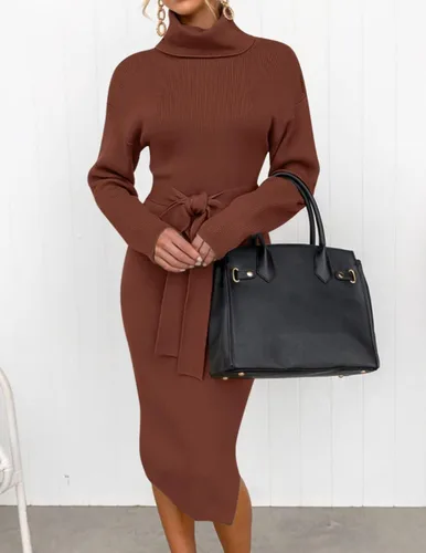 Miniatura 83 de ZESICA - Vestido por debajo de la rodilla de suéter, de cuello alto, para mujer, de manga larga, de punto acanalado, con abertura y cinturón