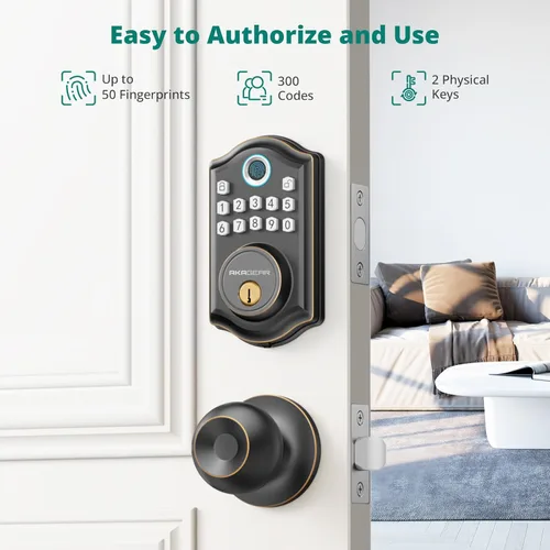 Miniatura 3 de AkaGear DS10 Cerradura de Puerta de Entrada sin Llave con Pomo de Puerta, Cerradura de Puerta de Huella Digital, Cerradura de Seguridad de Teclado