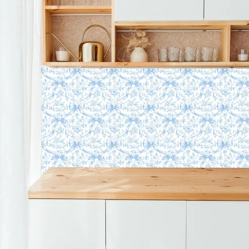 Miniatura 4 de FYSUIMU Papel Tapiz Floral con Lazo Azul Despegar y Pegar en Rollo, Papel de Contacto Coquette con Moños y Flores, Autoadhesivo, Decoración de Pared