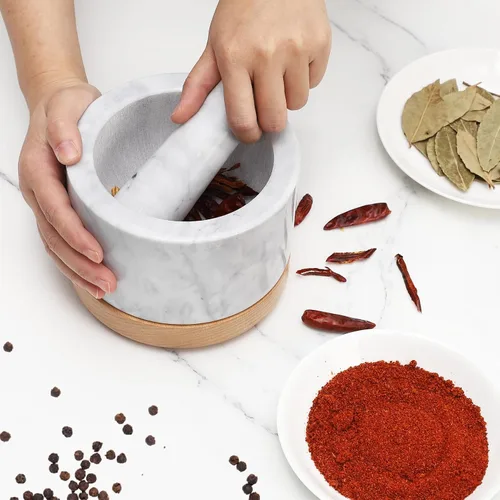 Miniatura 6 de Juego de mortero y maja con base de madera, cuencos de molinillo de mármol para guacamole, cuenco de aguacate pulido para salsa antiarañazos