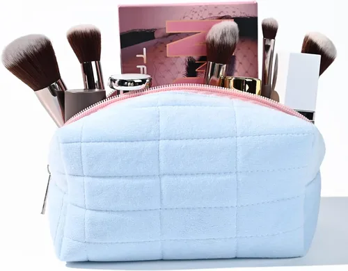 Miniatura 5 de SOIDRAM Bolsa de maquillaje de felpa para cosméticos, bonita bolsa de maquillaje estética, bolsa de maquillaje azul, bolsa de aseo de viaje