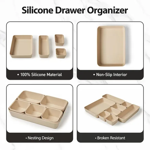 Miniatura 8 de ISSEVE 8 bandejas organizadoras de cajones de silicona anidables, 4 tamaños versátiles para tocador de baño y escritorio, juego de contenedores