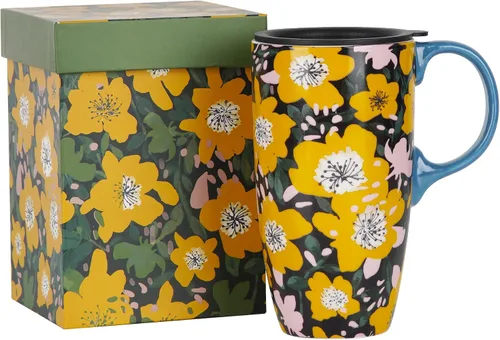 Miniatura 10 de Topadorn Taza de viaje de cerámica de 17 onzas con tapa y asa, taza de café floral bohemio, taza de porcelana en estilo terracota, apta
