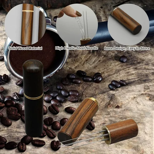 Miniatura 3 de 2 herramientas de distribución de espresso, herramienta agitadora de espresso con mango de madera natural y base, agitadores de café expreso de 5