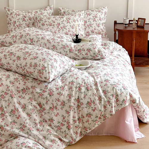 Miniatura 18 de Juego de funda de edredón blanca con estampado floral azul, juego de ropa de cama de algodón suave estilo bohemio, juego de ropa de cama estética