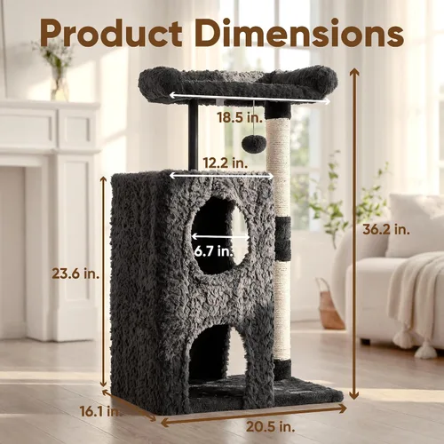 Miniatura 6 de FUKUMARU Árbol para gatos, torre de lujo para gatos de 36.2 pulgadas con dos cuevas, condominio para gatos de varios niveles con poste rascador