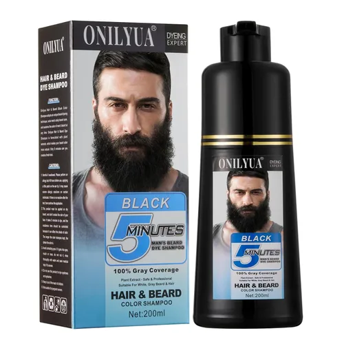 Champú de tinte para barba y cabello negro para hombre 3 en 1, colorante herbario de larga duración para cabello gris, bigote y barba en minutos,